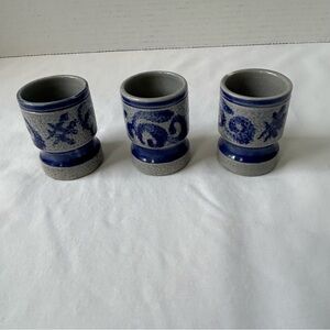 Vintage Set of Salt Glazed Westerwald Pottery Cobalt Blue Glasses 2 1/4”